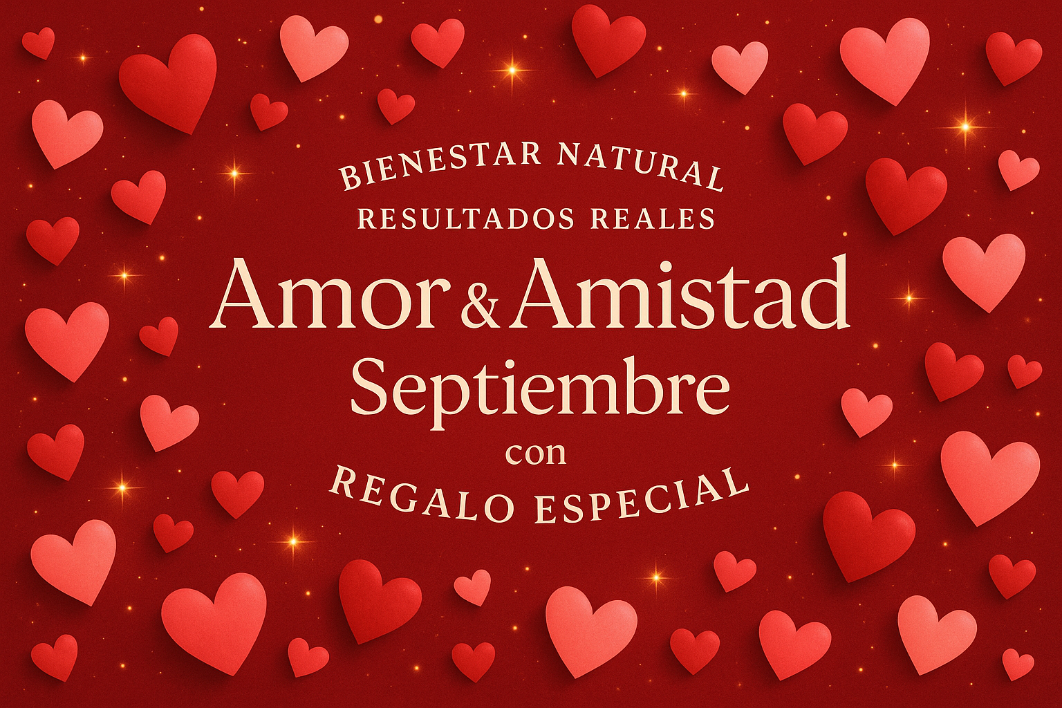 Deseo una imagen de portada con fondo rojo, algunos corazones, y destellos dorados que diga 
bienestar natural,
Resultados Reales
Amor & Amistad-Septiembre con Regalo Especial 